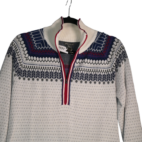 Eddie Bauer Sweater Women Large Ivory Blue Fair Isle 1/2 Zip Ski Holiday Party - Picture 2 of 8